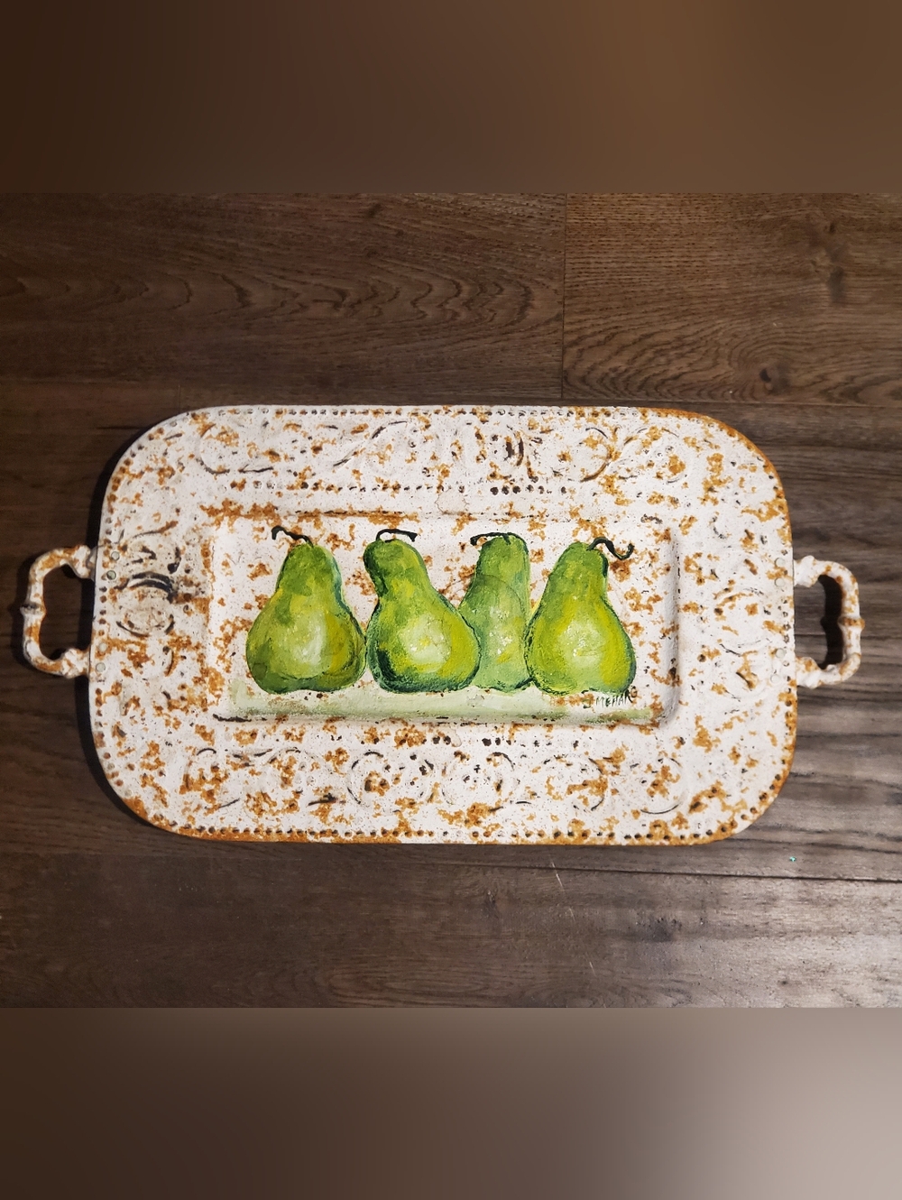 Vtg Hand-Painted Pear Serving Tray / Wall Art Decor Green Pears Distressed White
